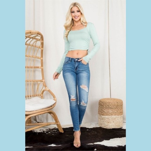 Mint color Long sleeve scoop tie neck drawstring ruched side detail crop… - Picture 6 of 8